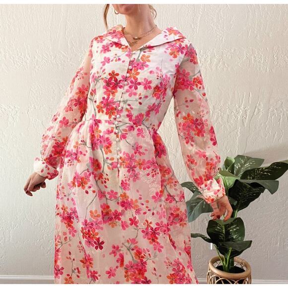 Vintage 1960's Designer Pink Floral Long Sleeve Button Up Maxi Dress - Picture 3 of 7